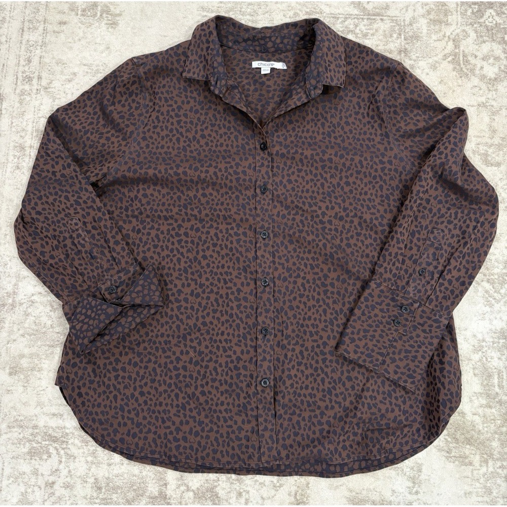 Chico's Women XXL Button Up Shirt Size 3 Brown Animal Print Blouse